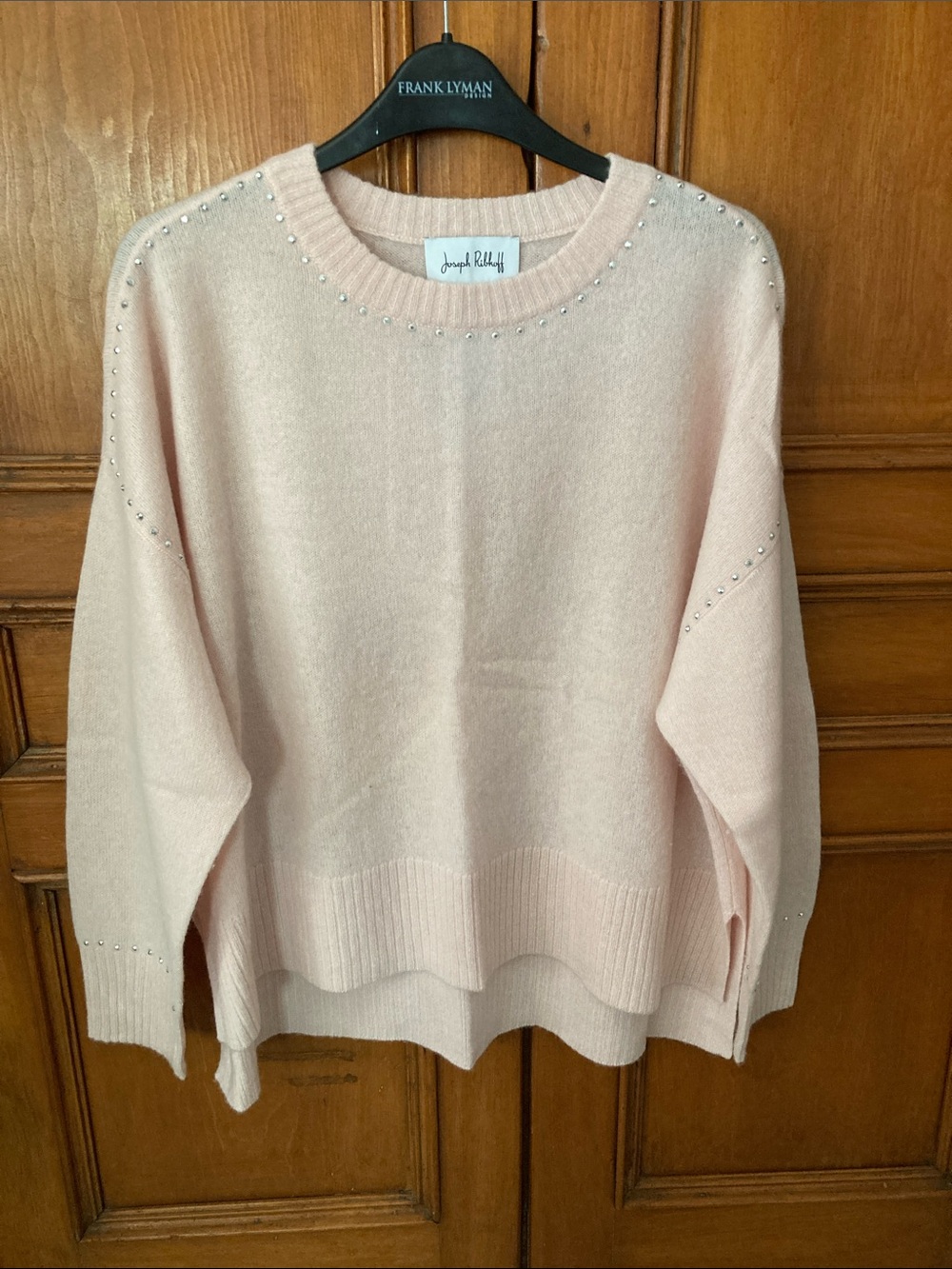 Joseph Ribkoff Pale Pink 100% cashmere Crewneck Sweater with Stud Accents